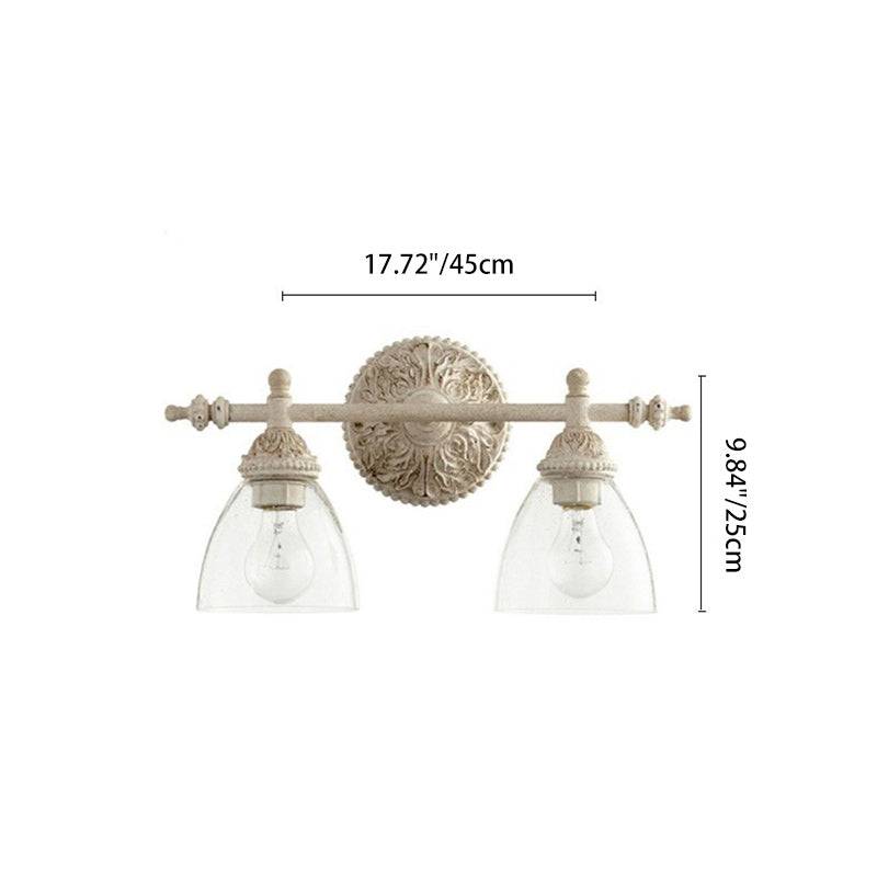 Traditional Rustic Distressed Carved Iron Glass Cup Shade 2-Light Mirror Front Wall Sconce Lamp For Bathroom