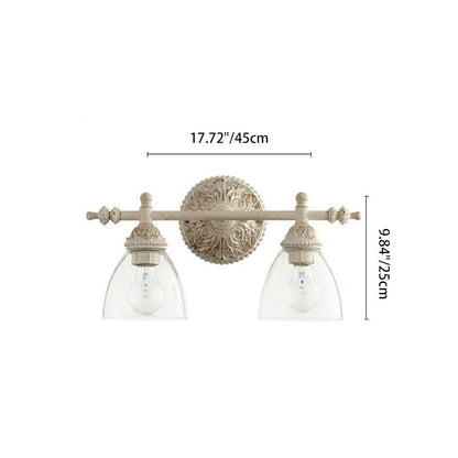 Traditional Rustic Distressed Carved Iron Glass Cup Shade 2-Light Mirror Front Wall Sconce Lamp For Bathroom