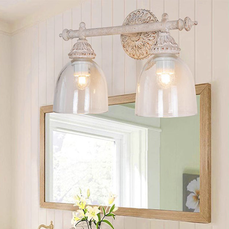Traditional Rustic Distressed Carved Iron Glass Cup Shade 2-Light Mirror Front Wall Sconce Lamp For Bathroom