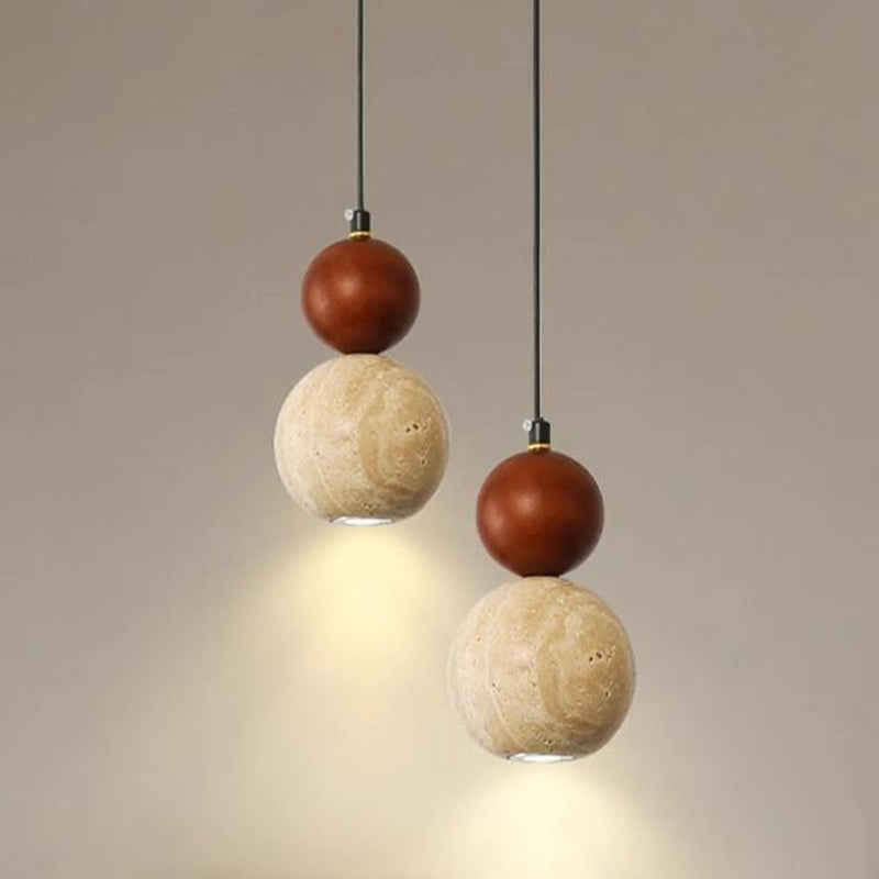 Contemporary Retro Travertine Globe Ball Shade Wood 1-Light Pendant Light For Bedroom