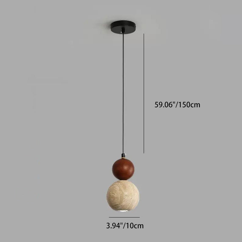 Contemporary Retro Travertine Globe Ball Shade Wood 1-Light Pendant Light For Bedroom
