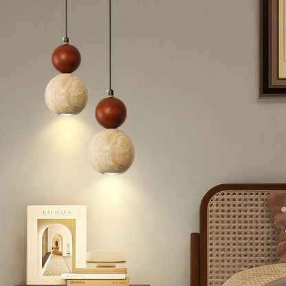 Contemporary Retro Travertine Globe Ball Shade Wood 1-Light Pendant Light For Bedroom