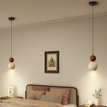 Contemporary Retro Travertine Globe Ball Shade Wood 1-Light Pendant Light For Bedroom