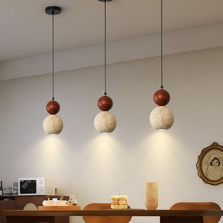 Contemporary Retro Travertine Globe Ball Shade Wood 1-Light Pendant Light For Bedroom