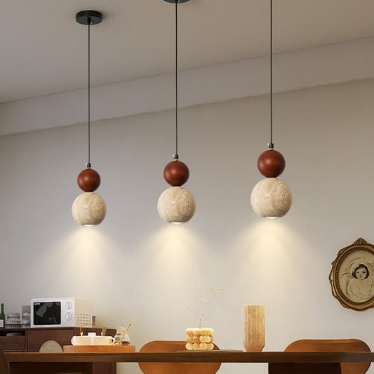 Contemporary Retro Travertine Globe Ball Shade Wood 1-Light Pendant Light For Bedroom