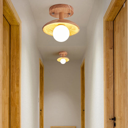 Traditional Japanese Wood Grain Glass Ball Shade 1-Light Semi-Flush Mount Ceiling Light For Living Room