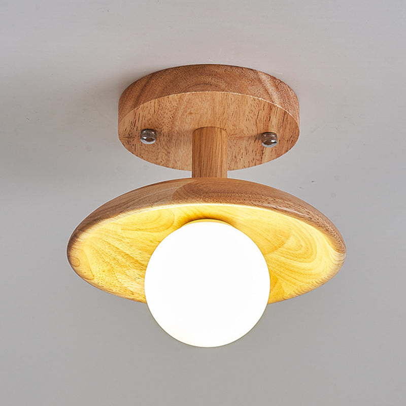 Traditional Japanese Wood Grain Glass Ball Shade 1-Light Semi-Flush Mount Ceiling Light For Living Room