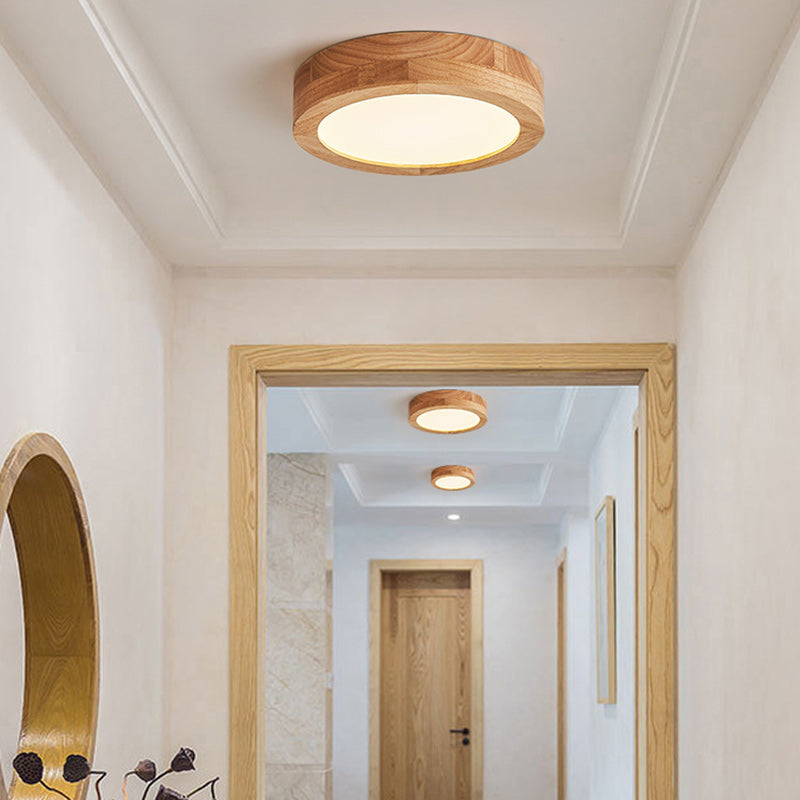 Traditional Vintage Wood Grain Cylinder Acrylic LED Flush Mount Ceiling Light For Living Room