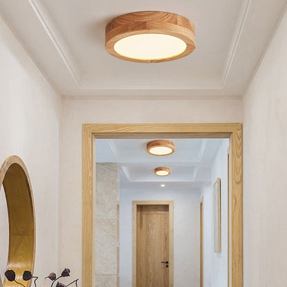 Traditional Vintage Wood Grain Cylinder Acrylic LED Flush Mount Ceiling Light For Living Room