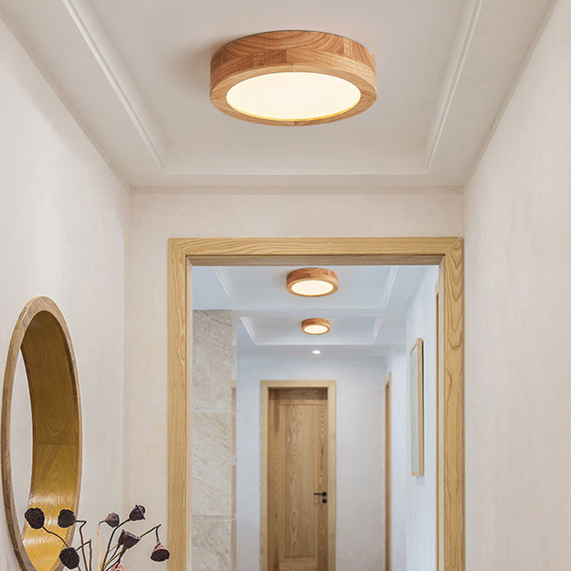 Traditional Vintage Wood Grain Cylinder Acrylic LED Flush Mount Ceiling Light For Living Room