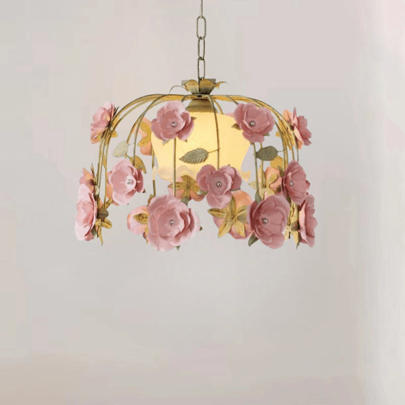 Modern Art Deco Hardware Flower Decoration Glass Shade 1-Light Pendant Light For Bedroom