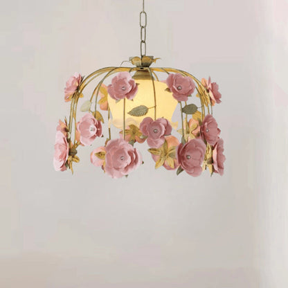 Modern Art Deco Hardware Flower Decoration Glass Shade 1-Light Pendant Light For Bedroom