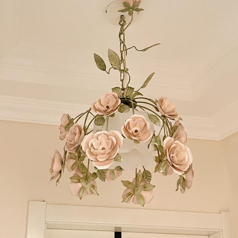 Modern Art Deco Hardware Flower Decoration Glass Shade 1-Light Pendant Light For Bedroom