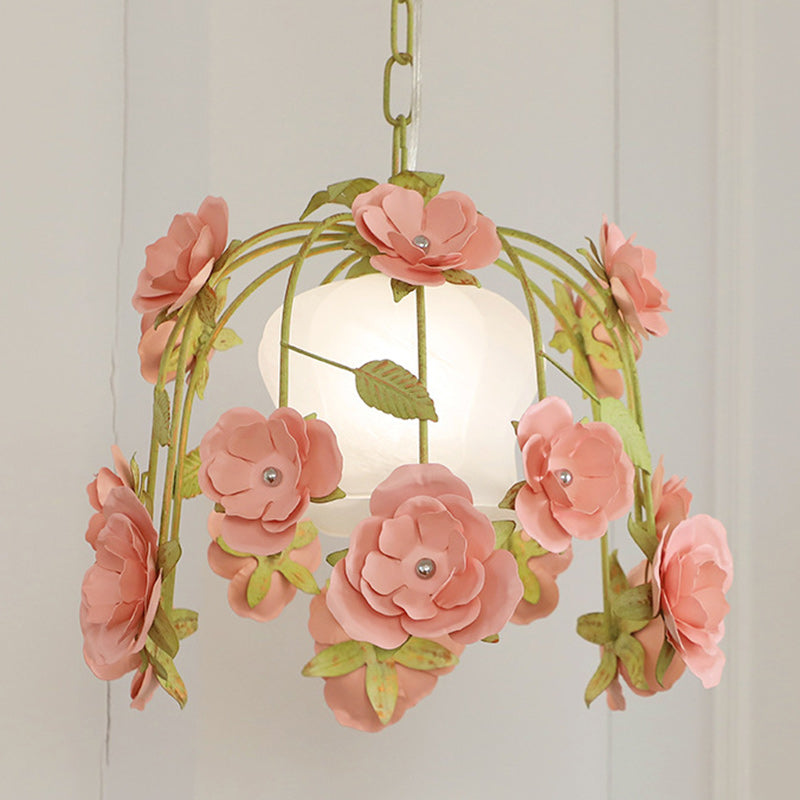 Modern Art Deco Hardware Flower Decoration Glass Shade 1-Light Pendant Light For Bedroom