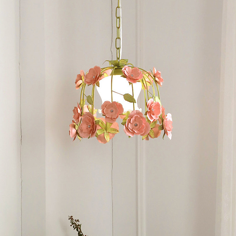 Modern Art Deco Hardware Flower Decoration Glass Shade 1-Light Pendant Light For Bedroom
