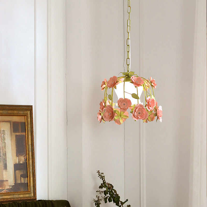 Modern Art Deco Hardware Flower Decoration Glass Shade 1-Light Pendant Light For Bedroom