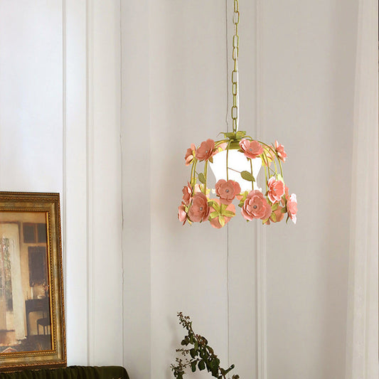 Modern Art Deco Hardware Flower Decoration Glass Shade 1-Light Pendant Light For Bedroom