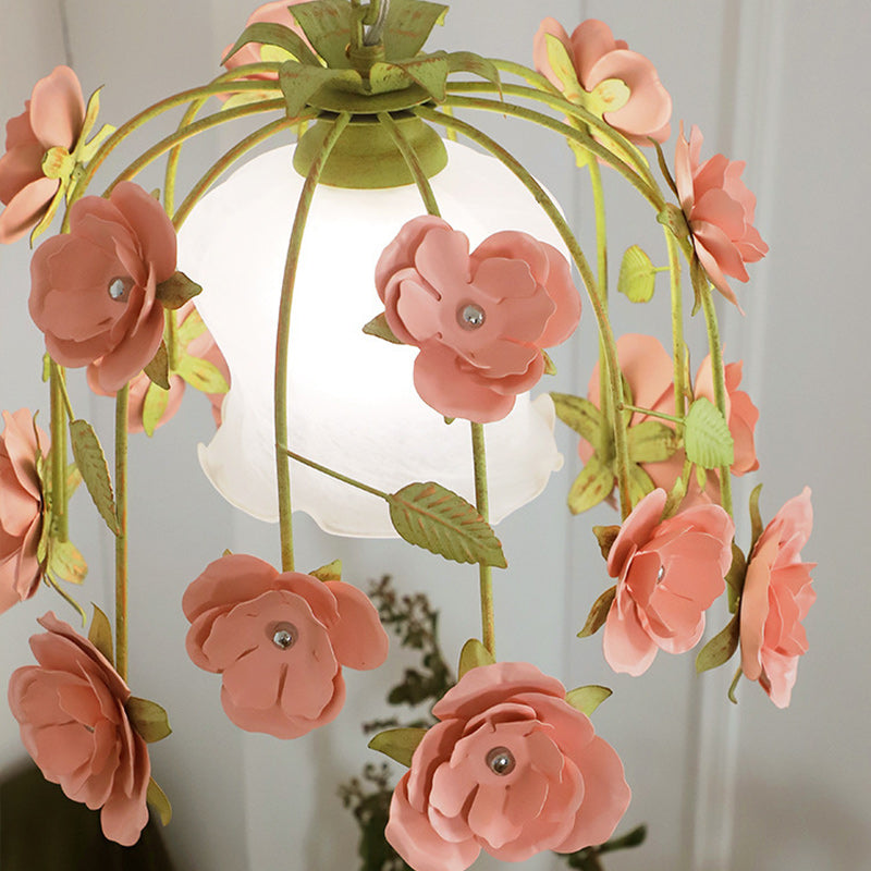 Modern Art Deco Hardware Flower Decoration Glass Shade 1-Light Pendant Light For Bedroom