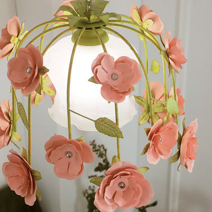 Modern Art Deco Hardware Flower Decoration Glass Shade 1-Light Pendant Light For Bedroom