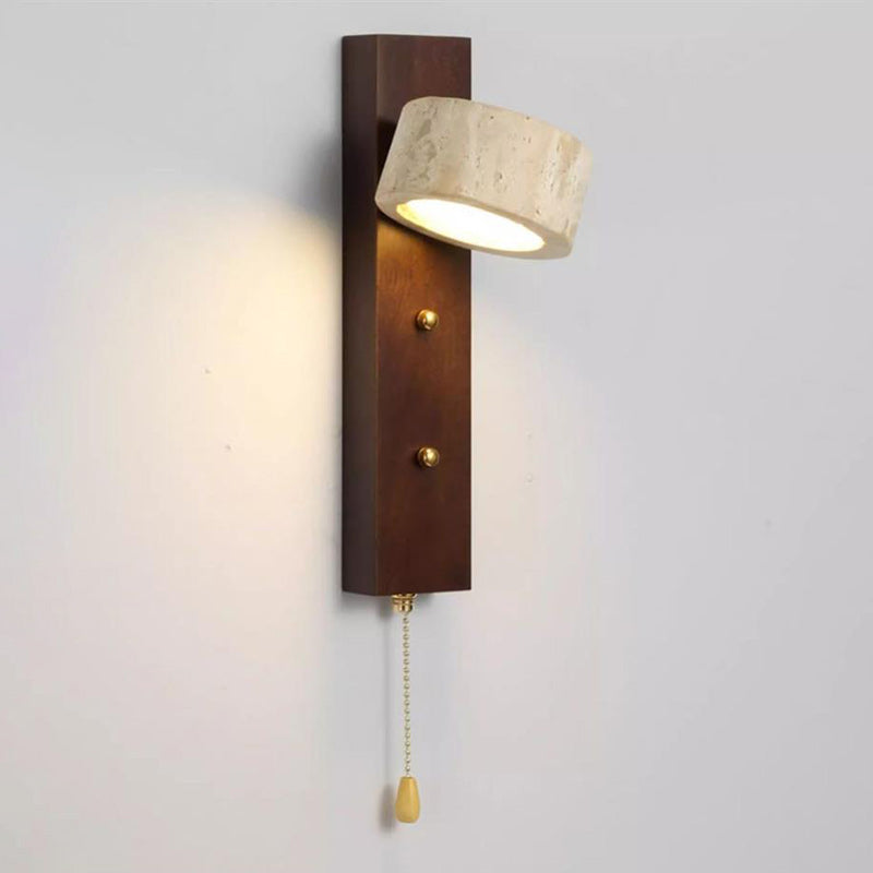 Traditional Vintage Solid Wood Travertine Circle Ring Shade LED Wall Sconce Lamp For Bedroom