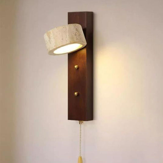 Traditional Vintage Solid Wood Travertine Circle Ring Shade LED Wall Sconce Lamp For Bedroom