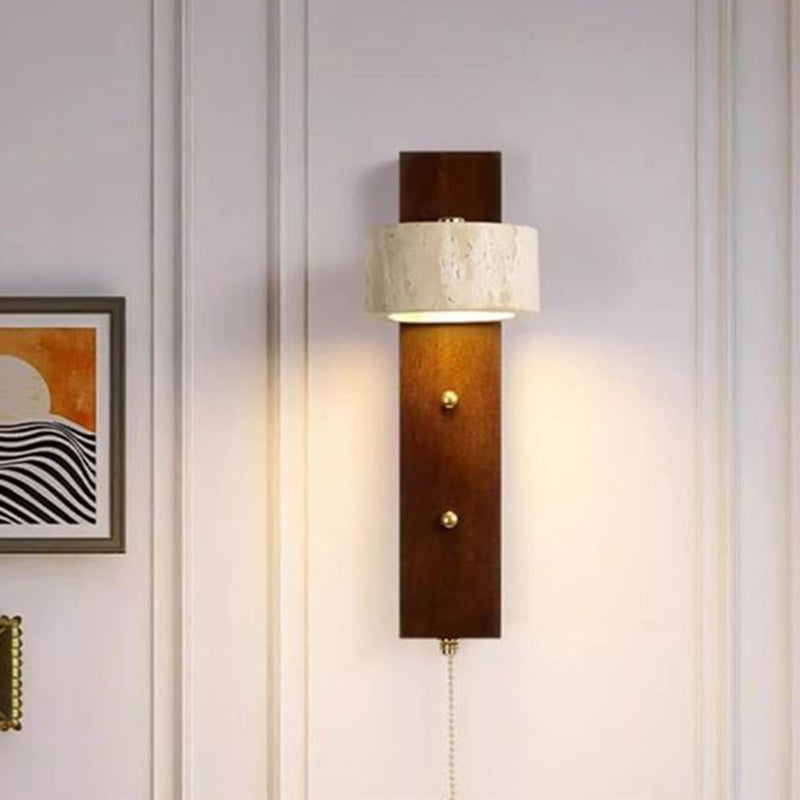 Traditional Vintage Solid Wood Travertine Circle Ring Shade LED Wall Sconce Lamp For Bedroom