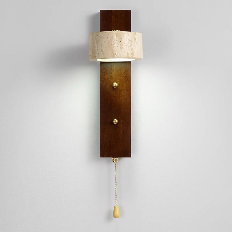 Traditional Vintage Solid Wood Travertine Circle Ring Shade LED Wall Sconce Lamp For Bedroom