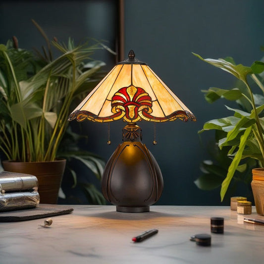 Traditional Tiffany Stained Glass Conical Shade Resin Vase Base 1-Light Table Lamp For Bedroom