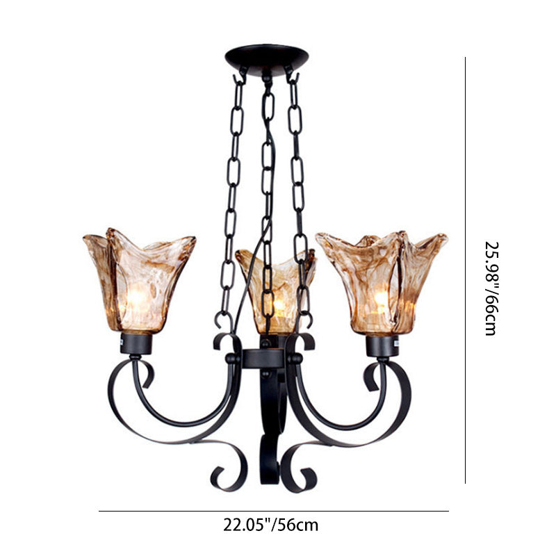 Contemporary Retro Iron Curved Frame Amber Glass Tulip Shade 3/6/8/12-Light Chandelier For Living Room