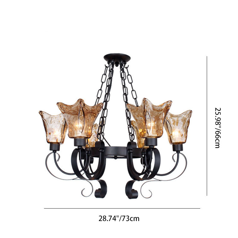 Contemporary Retro Iron Curved Frame Amber Glass Tulip Shade 3/6/8/12-Light Chandelier For Living Room