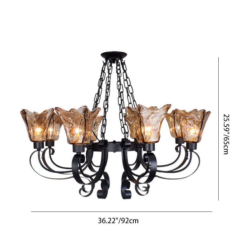 Contemporary Retro Iron Curved Frame Amber Glass Tulip Shade 3/6/8/12-Light Chandelier For Living Room