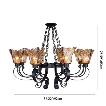 Contemporary Retro Iron Curved Frame Amber Glass Tulip Shade 3/6/8/12-Light Chandelier For Living Room