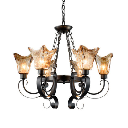 Contemporary Retro Iron Curved Frame Amber Glass Tulip Shade 3/6/8/12-Light Chandelier For Living Room
