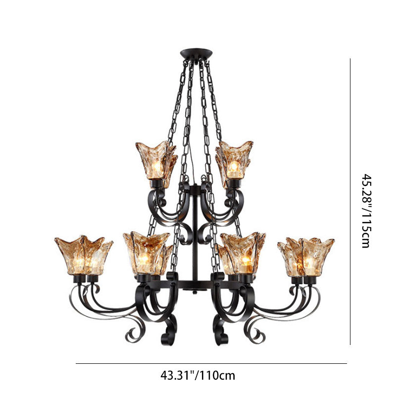 Contemporary Retro Iron Curved Frame Amber Glass Tulip Shade 3/6/8/12-Light Chandelier For Living Room