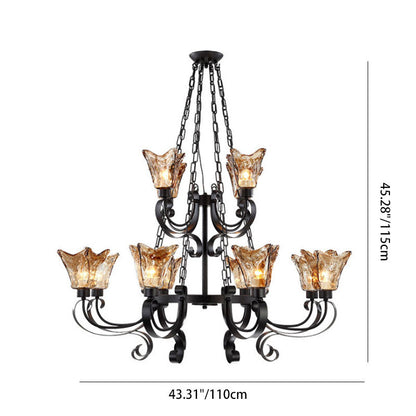 Contemporary Retro Iron Curved Frame Amber Glass Tulip Shade 3/6/8/12-Light Chandelier For Living Room