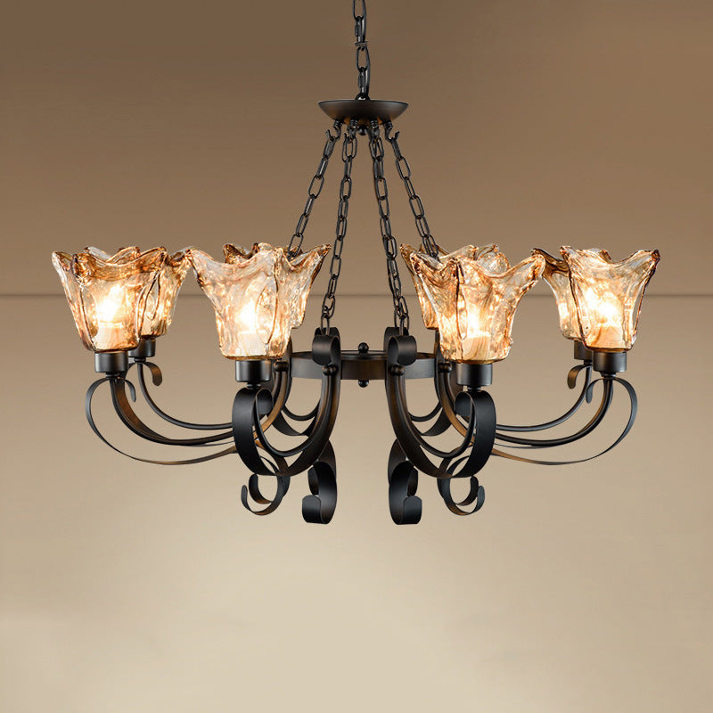 Contemporary Retro Iron Curved Frame Amber Glass Tulip Shade 3/6/8/12-Light Chandelier For Living Room