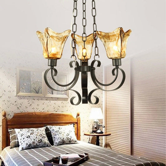 Contemporary Retro Iron Curved Frame Amber Glass Tulip Shade 3/6/8/12-Light Chandelier For Living Room