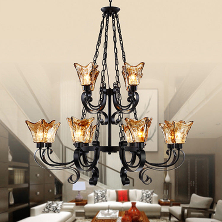 Contemporary Retro Iron Curved Frame Amber Glass Tulip Shade 3/6/8/12-Light Chandelier For Living Room