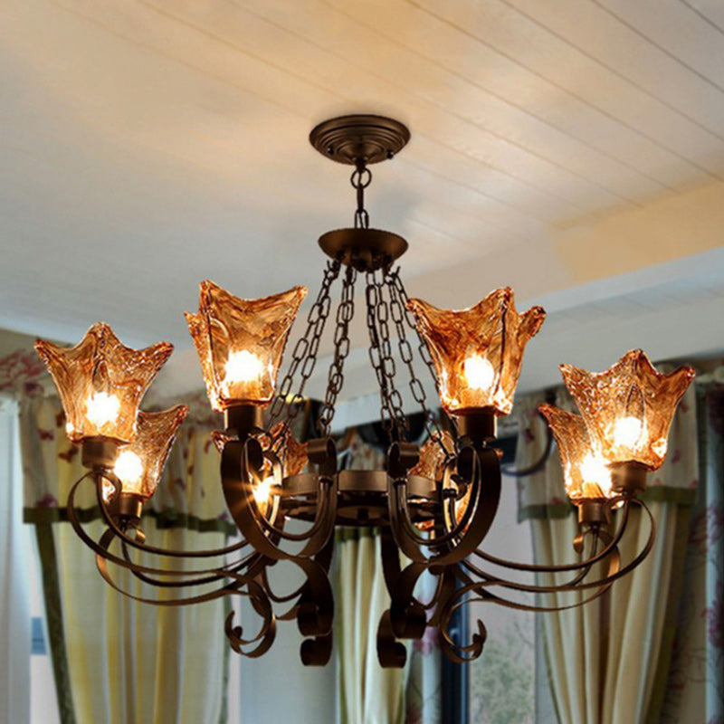 Contemporary Retro Iron Curved Frame Amber Glass Tulip Shade 3/6/8/12-Light Chandelier For Living Room