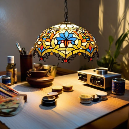 Traditional Tiffany Lotus Flower Stained Glass Dome 1-Light Pendant Light For Bedroom