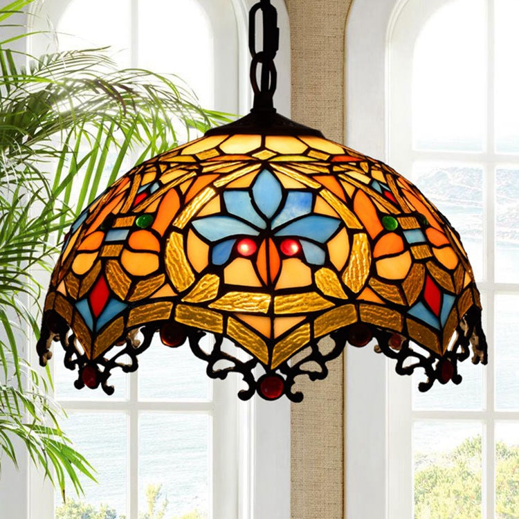 Traditional Tiffany Lotus Flower Stained Glass Dome 1-Light Pendant Light For Bedroom