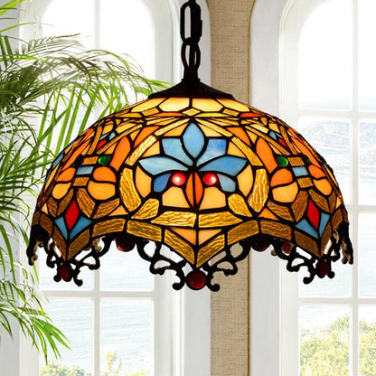 Traditional Tiffany Lotus Flower Stained Glass Dome 1-Light Pendant Light For Bedroom