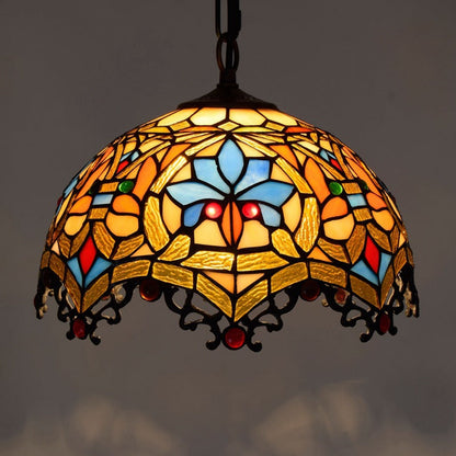 Traditional Tiffany Lotus Flower Stained Glass Dome 1-Light Pendant Light For Bedroom
