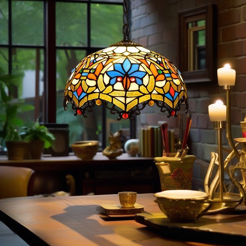 Traditional Tiffany Lotus Flower Stained Glass Dome 1-Light Pendant Light For Bedroom
