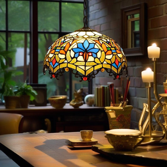 Traditional Tiffany Lotus Flower Stained Glass Dome 1-Light Pendant Light For Bedroom