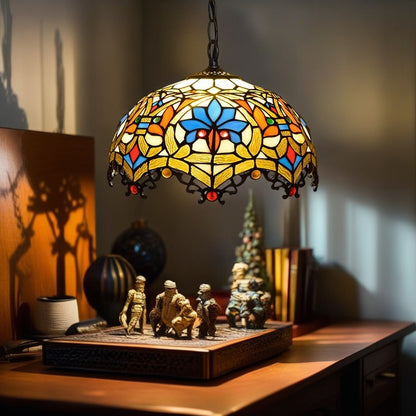 Traditional Tiffany Lotus Flower Stained Glass Dome 1-Light Pendant Light For Bedroom