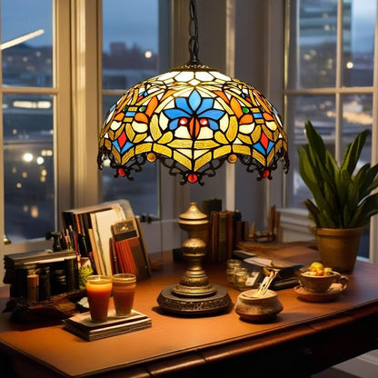 Traditional Tiffany Lotus Flower Stained Glass Dome 1-Light Pendant Light For Bedroom
