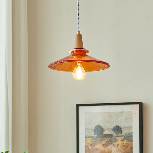 Traditional Vintage Brass Solid Wood Glass Conical Shade 1-Light Pendant Light For Bedroom