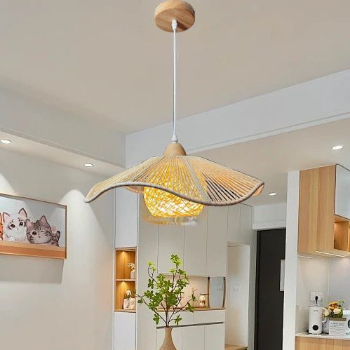 Traditional Rustic Rattan Hemp Rope Corrugated Shade 1-Light Pendant Light For Dining Room