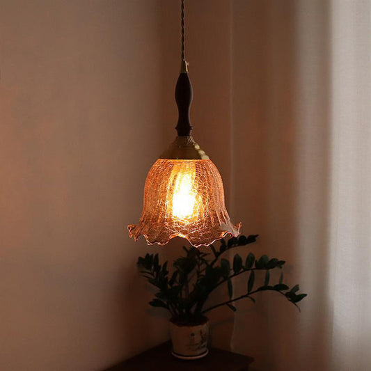 Traditional Vintage Brass Cracked Glass Flower Shade 1-Light Pendant Light For Dining Room